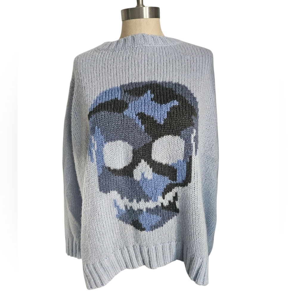WOODEN SHIPS Chunky Skull Graphic Blue Crew Neck Sweater | SZ S/M
